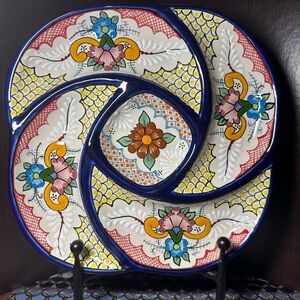 Mexican Talavera Folk Art Swirled Divided Platter.
